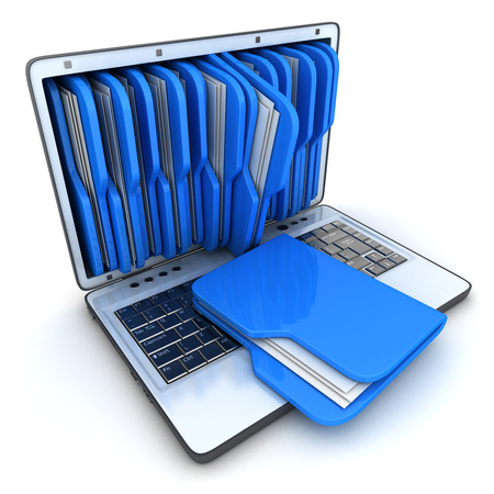 laptop and blue folder on white background の写真素材
