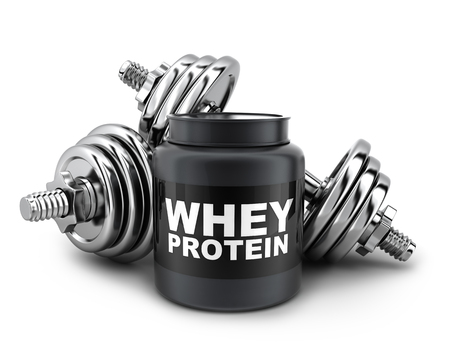Dumbbells and whey protein on white background (done in 3d rendering)の写真素材
