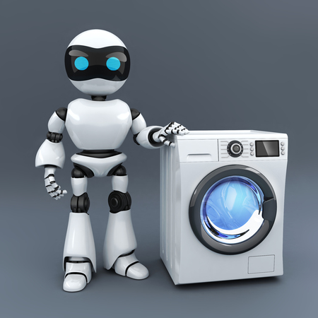 Modern white robot and clothes washer (done in 3d rendering)の写真素材