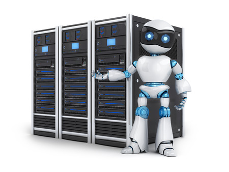 Robot and three server on white background (done in 3d rendering)の写真素材