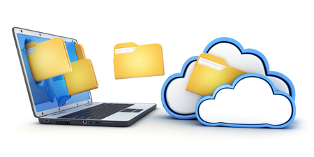 Laptop and fly files in cloud. 3d illustrationの写真素材