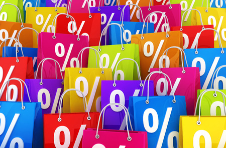 Many shopping bag and percent. 3d illustrationの写真素材