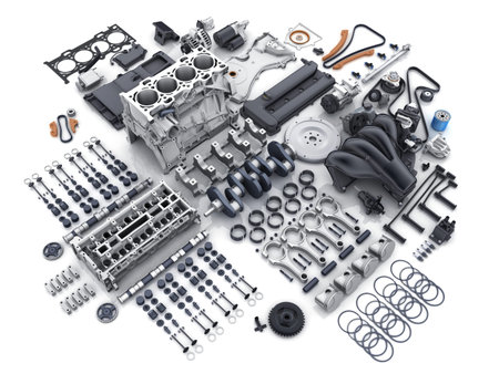 Car engine disassembled. Many parts on white background. 3d illustration