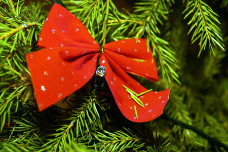 Bright and shiny decorations for Christmas and New Year hang on a green spruce. Winter holidays.