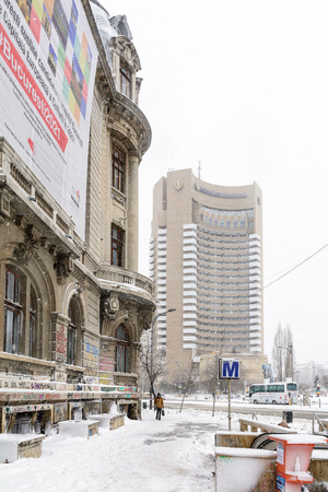 Bucharest, Romania - January 17: University Square on January 17, 2016 in Bucharest, Romania. Bucharest downtown after massive snowing, University Square. This square is considered to be one of the focal points of the city.のeditorial素材