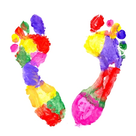 Multi Colored footprints on white backgroundの写真素材