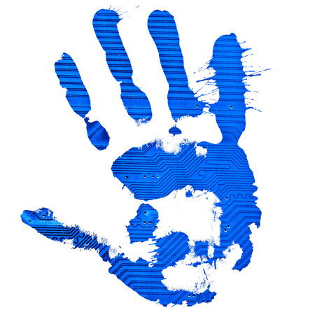 Technological blue splatter handprint on white background