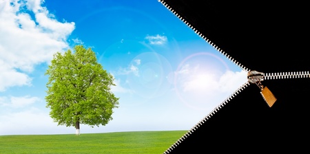 Open zipper and summer nature landscapeの写真素材