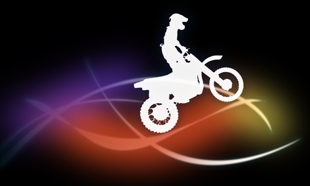Silhouette of a man on a motorcycle on a dark background on the multicolored lines on a dark background on the multicolored linesの写真素材