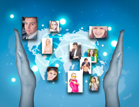 Social network concept. Real photos on the background virtual interface