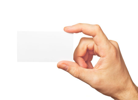 Business card in hand on white background