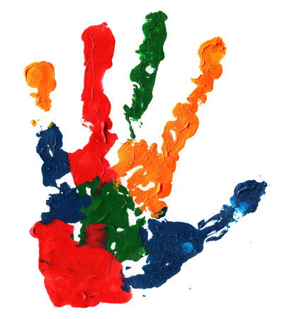 Close up of colored hand print on white backgroundの写真素材