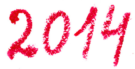 Word 2014 is written with lipstick. Isolated on white の写真素材