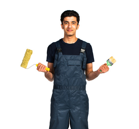 Repairman Arab nationality in the construction overalls on a white backgroundの写真素材