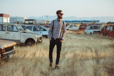 Portrait of a young handsome stylish man, wearing shirt and bow-tie on the field of old cars