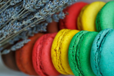 Colourful tasty macaroons in a row with lavender
