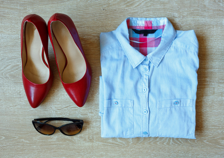 Essentials fashion woman objects on wooden backgroundの写真素材