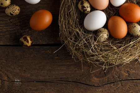 Fresh chicken and quail eggs in a nest on a wooden rustic backgroundの写真素材