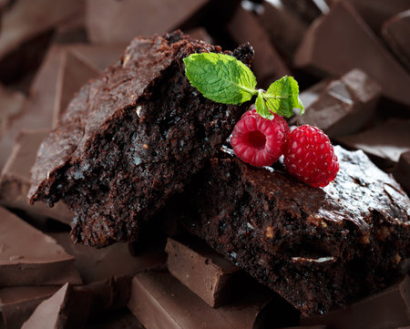 Chocolate brownies with raspberry and chunks of chocolateの写真素材