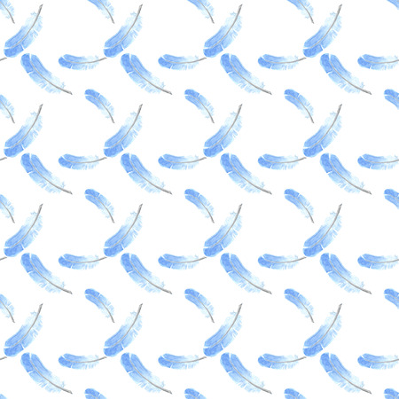 Watercolor feathers seamless pattern. Hand painted texture with blue bird feathersの写真素材