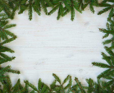 Christmas tree branches on white wooden texture ready for your design. Winter holidays background