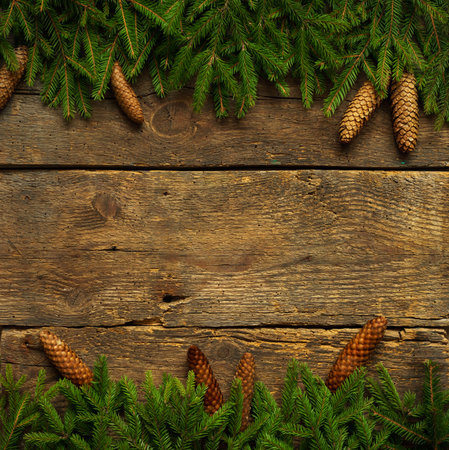 Christmas tree branches with cones on wooden texture ready for your design. Winter holidays...
