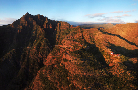 Aerial view of mountain road to Masca village on Tenerife at sunset, Canary Islands, Spain. Panoramaの写真素材