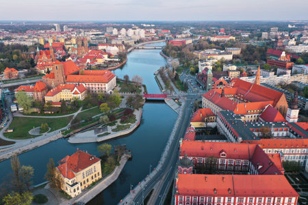 Aerial view of the historic city center and the Odra River. Wroclaw, Poland