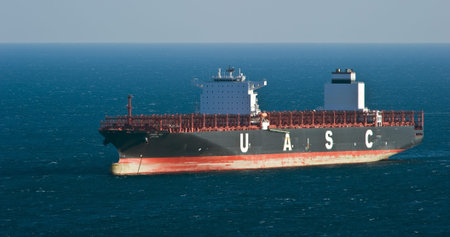 Container ship Jebel Ali standing on the roads at anchor. Nakhodka Bay. East (Japan) Sea. 18.02.2014