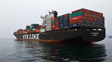 Container ship NYK Meteor standing on the roads at anchor. Nakhodka Bay. East (Japan) Sea. 09.04.2014のeditorial素材