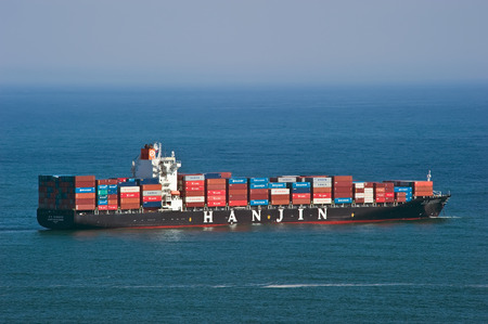 Container ship Hanjin Rio de Janeiro standing on the roads at anchor. Nakhodka Bay. East (Japan) Sea. 19.04.2014のeditorial素材