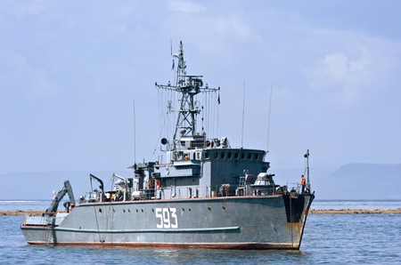 Vladivostok, Russia- September 02, 2015: A small Russian warship is anchored in the bay.のeditorial素材
