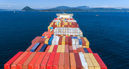 Nakhodka. Russia - August 22, 2017: Bright container on the ship of the company Maersk from above.のeditorial素材