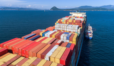 Nakhodka. Russia - August 22, 2017: Bunkering tanker Zaliv Vostok a large container ship Gerner...