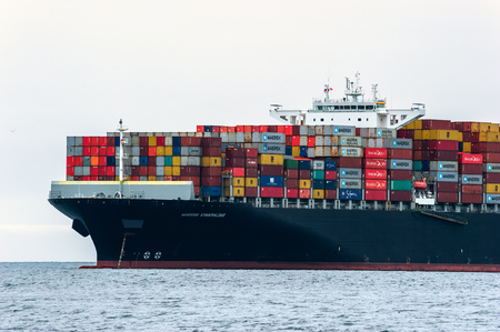 Nakhodka, Russia - June 13, 2018: The bow of a huge container ship Maersk Esmeraldas at at anchored in the roads.のeditorial素材