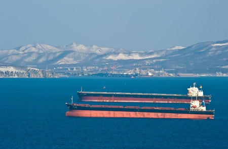 Nakhodka. Russia - March 05, 2015: Bulk carrier TTM Dragon and bulk carrier Mineral Haiku at anchored in the roads.のeditorial素材
