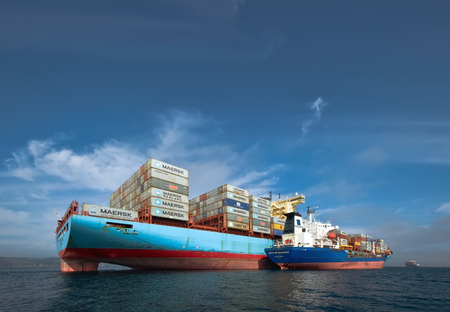 Nakhodka, Russia - September 17, 2015: Bunkering tanker Vitaly Vanykhin container ship Cornelia Maersk.のeditorial素材
