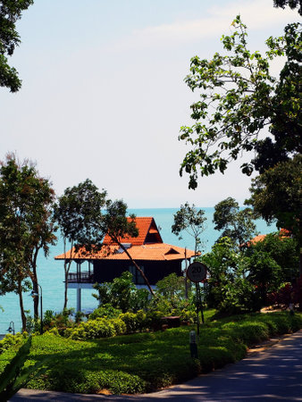 Beautiful view of the house on stilts. Luxury hotel bungalows on water, Langkawi Island, Malaysiaの写真素材