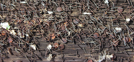 Old wooden pillar surface with rusty pins and staples, background, textureの写真素材