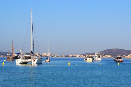 Majorca Panorama, beautiful seascape bay with luxury yachts at the coast of Santa Ponsa, Mallorca Mediterranean Sea, Balearic Islands.の写真素材