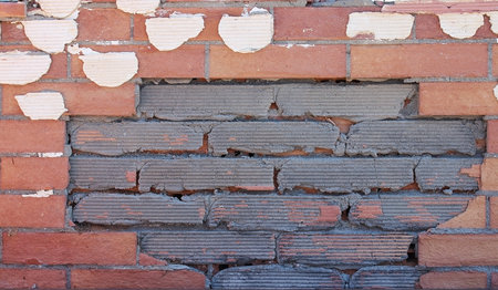 Old destroyed brick wall with cementの写真素材