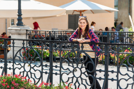 Young attractive woman visit city smiling posing holidays in Europeの写真素材