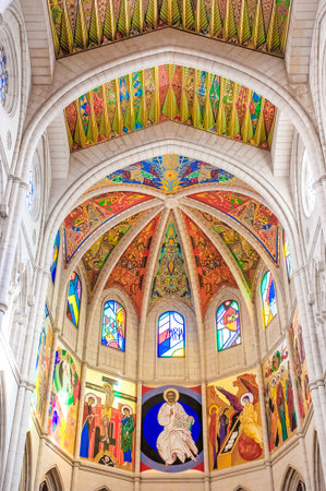 MADRID SPAIN - JUNE 23, 2015: Arches and columns in the interior of the Cathedral of Saint Mary the Royal of La Almudena in Madrid, Spain. Madrid is a popular tourist destination of Europeのeditorial素材