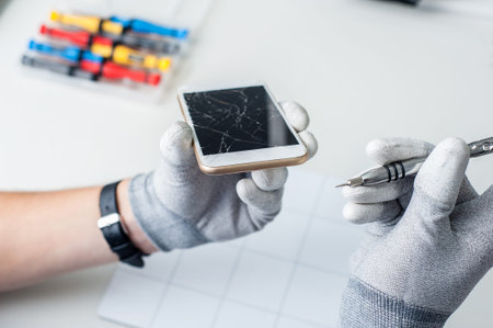 Close-up photos showing process of mobile phone repair, changing the screen.