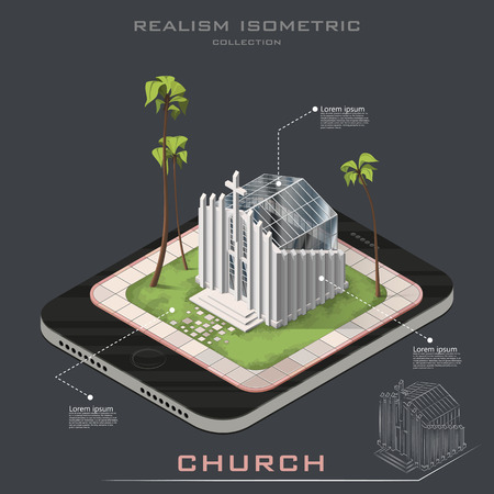 Vector isometric realistic Church on Earth. Line contour. infographicのイラスト素材
