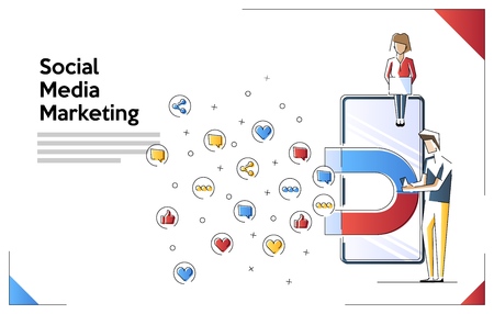 Line art illustration of young people using mobile gadgets such as laptop, tablet pc and smartphone for social networking and blogging. Web banner template with tiny people and giant smartphone.のイラスト素材