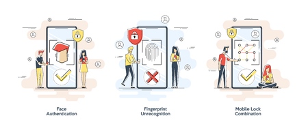 Flat linear illustrations of Biometric authentication concept. Set with privacy protection and recognition elements isolated vector illustration. Vector banner, icon, illustration for landing page.のイラスト素材
