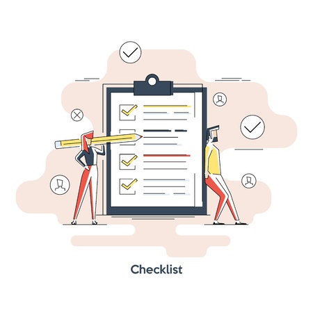 Woman holding a pencil completing checklist on clipboard. Business concept. Clipboard with checklist icon. Illustration of clipboard with checklist. banner, icon, illustration.のイラスト素材
