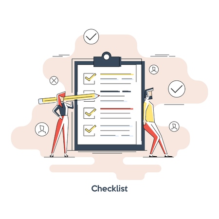 Woman holding a pencil completing checklist on clipboard. Business concept. Clipboard with checklist icon. Illustration of clipboard with checklist. banner, icon, illustration.