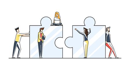 Teamwork concept banner. Can use for web banner, infographics, hero images. Flat line art vector illustration isolated on white background.のイラスト素材